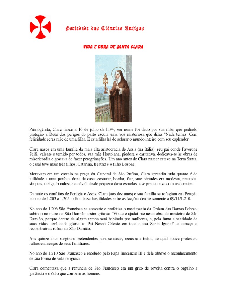 biografia de santa clara de assis