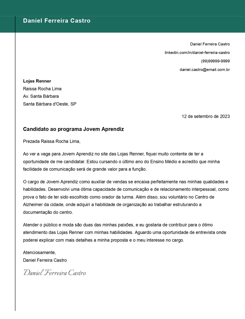 Modelos de Carta de Apresentação: Do Primeiro Emprego ao Estágio