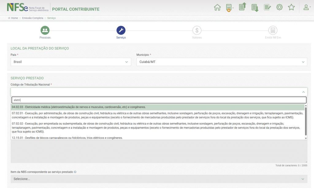 Qual o código de tributação nacional para serviços de eletricista MEI?