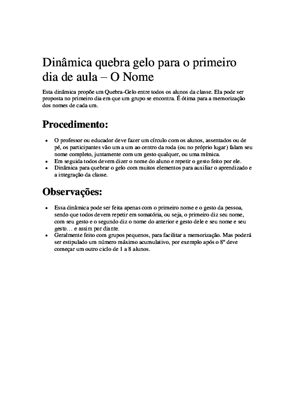 dinâmica para o primeiro dia de aula