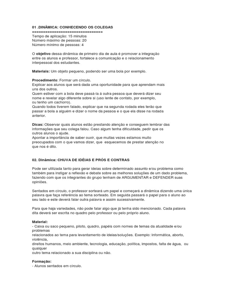 dinâmica para o primeiro dia de aula