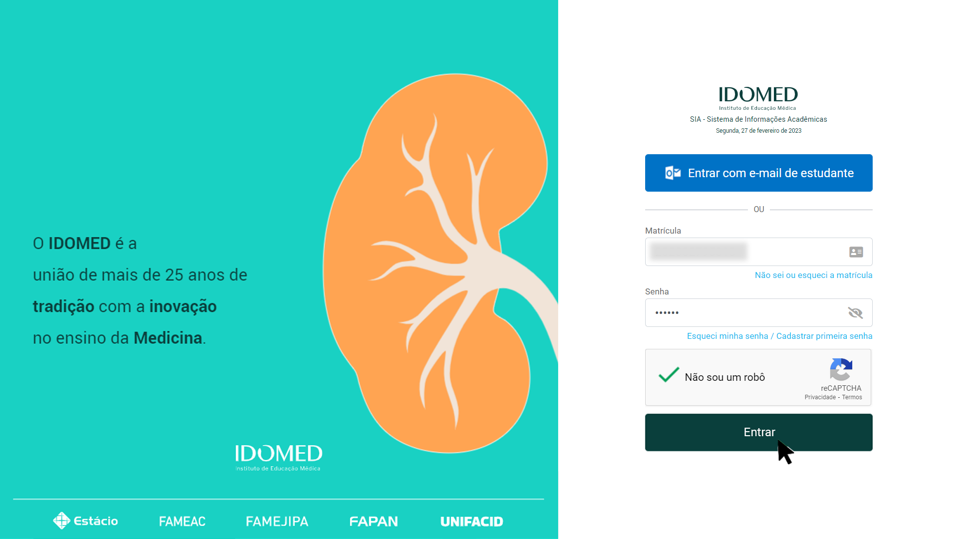 erro ao fazer login sia estacio o que fazer
