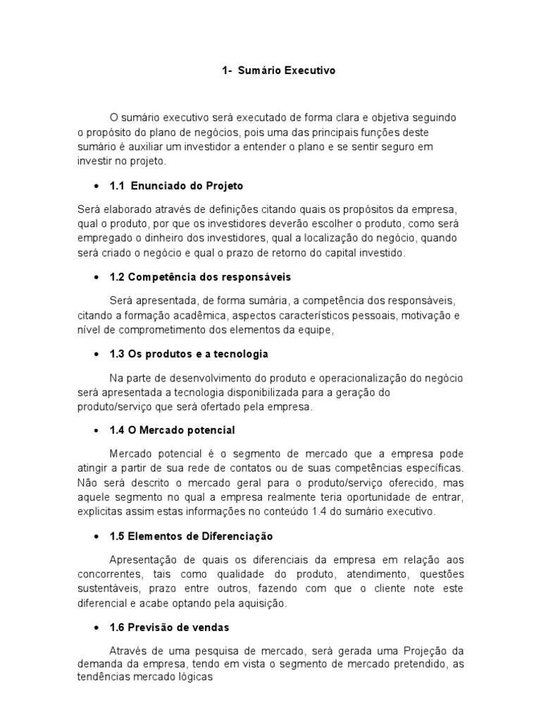 o que é o sumário executivo