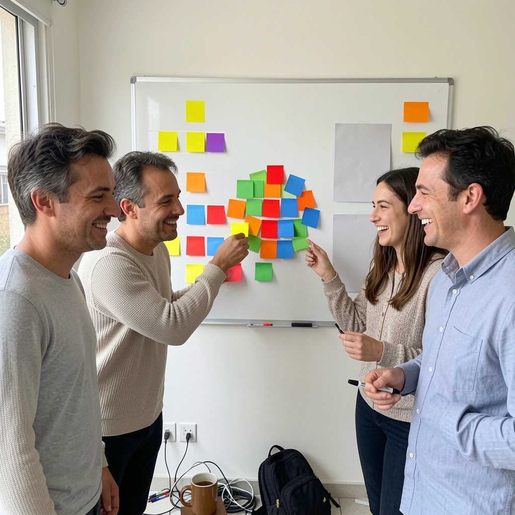 Três pessoas em pé diante de um quadro kanban coberto de post-its coloridos, uma delas apontando para uma coluna