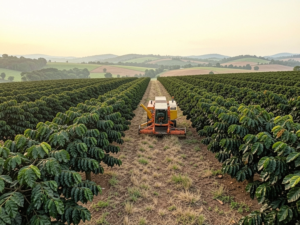 Vista aérea de fazenda com lavouras em fileiras e áreas verdes, ao entardecer