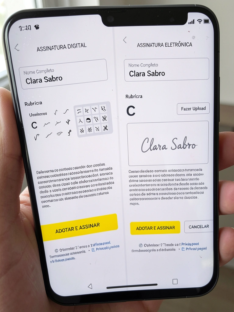 Tela dividida comparando assinatura digital e eletrônica em um dispositivo