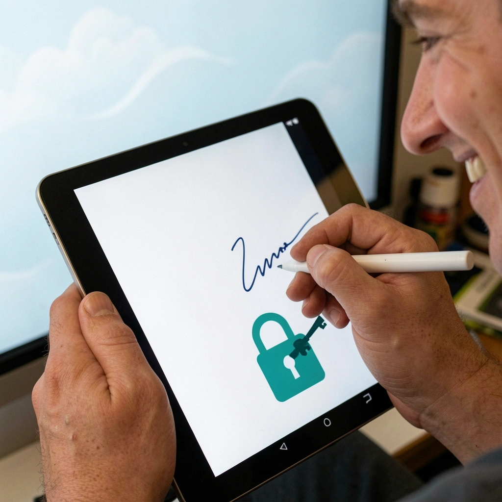 Mãos assinando um tablet com um cadeado digital na tela