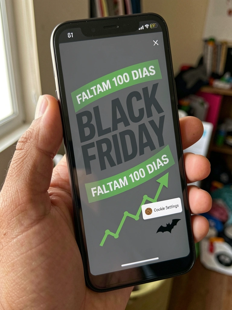 Smartphone exibindo gráfico de vendas e notificação de bloqueio de cookies.