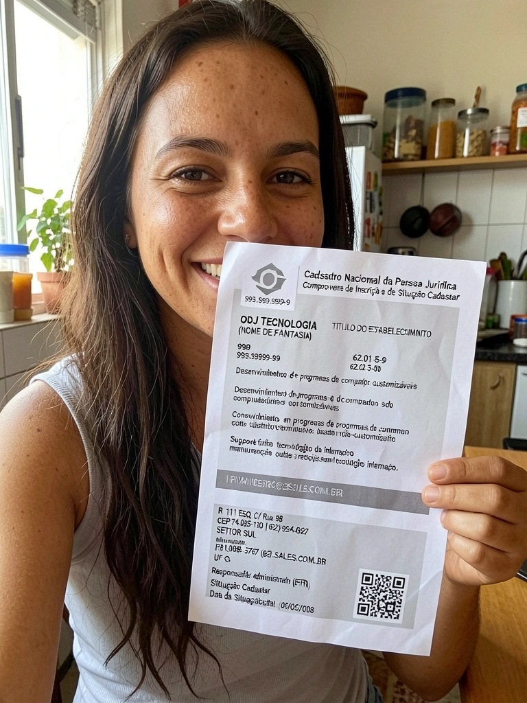 Mãos segurando um papel impresso com o título Comprovante de Inscrição e de Situação Cadastral.
