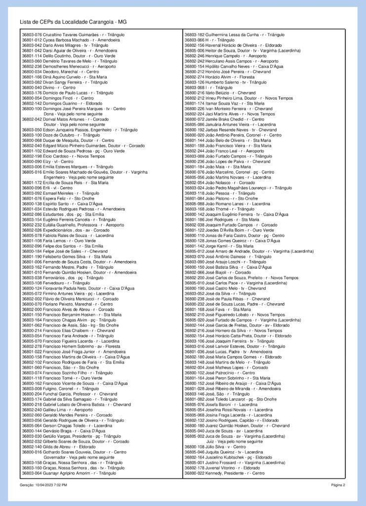 cep de cidades com v
