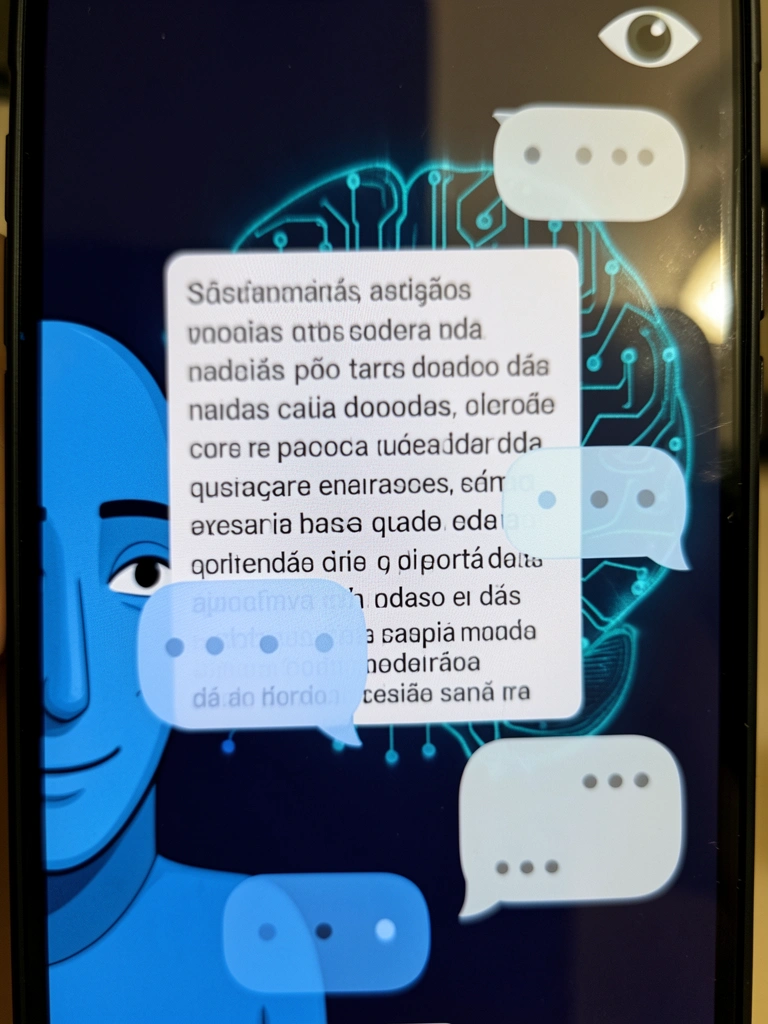 Balões de chat sobrepostos a um cérebro digital pulsante em uma tela