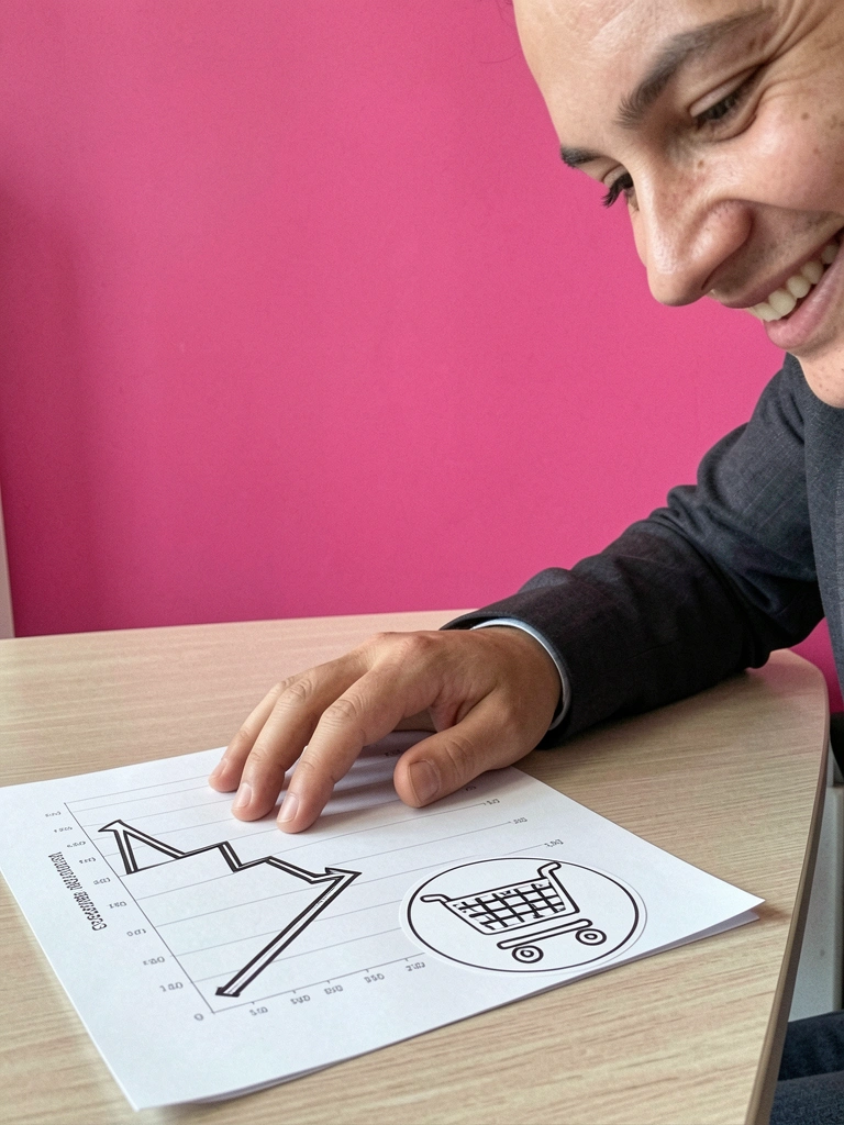 Homem em escritório aponta para gráfico de barras em tablet, mostrando redução de custos.