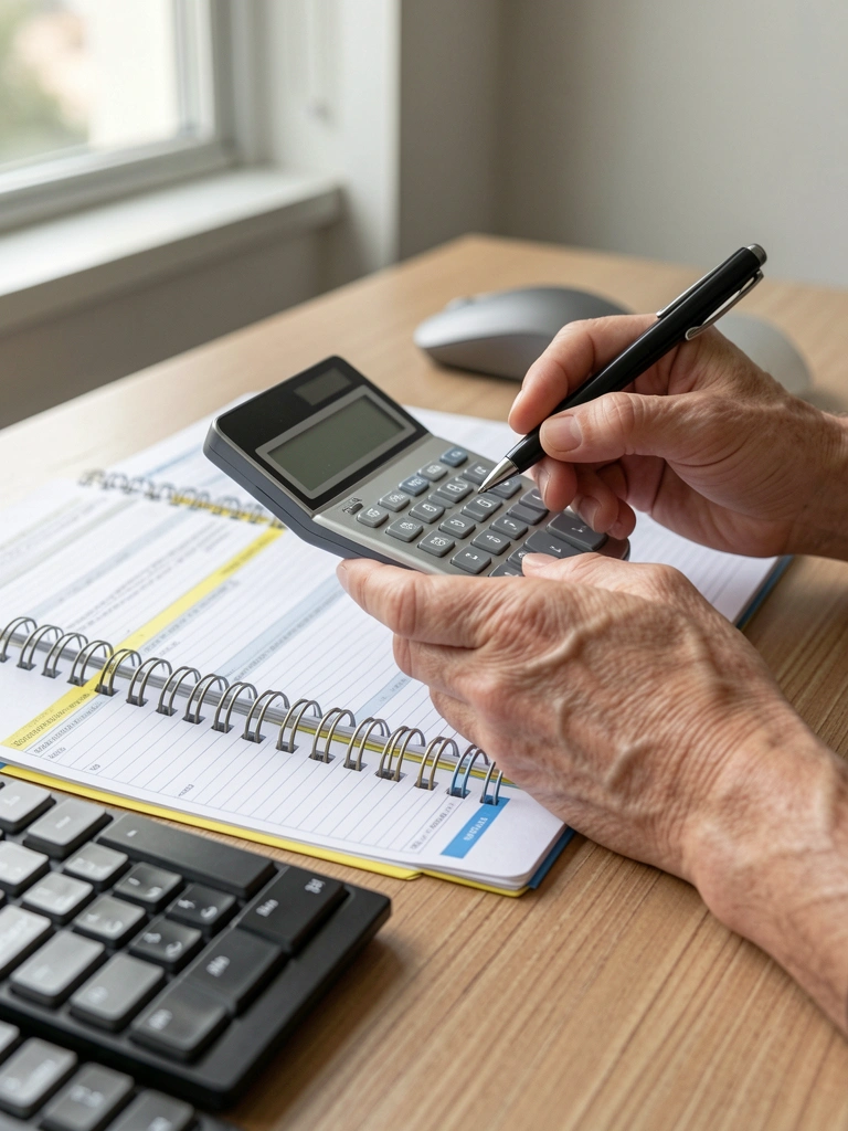 Livros contábeis abertos e uma calculadora sobre uma mesa de madeira.