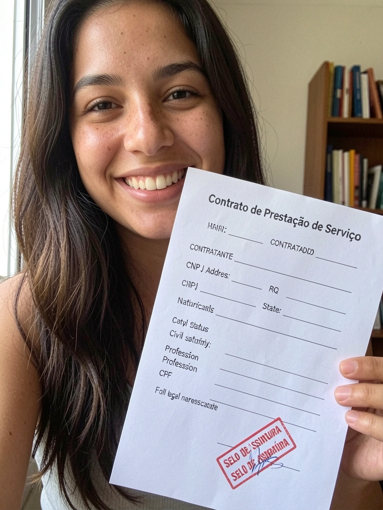 Mão segurando documento com selo de assinatura sobre mesa
