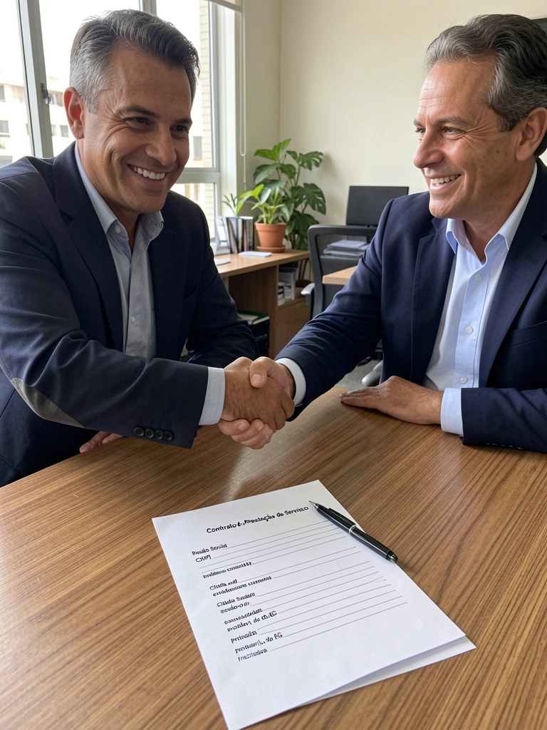 Aperto de mãos entre dois empresários sobre um contrato com caneta