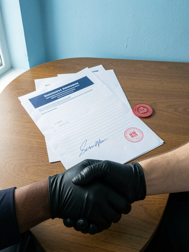 Contrato com cláusulas e selo de validade sobre mesa de madeira