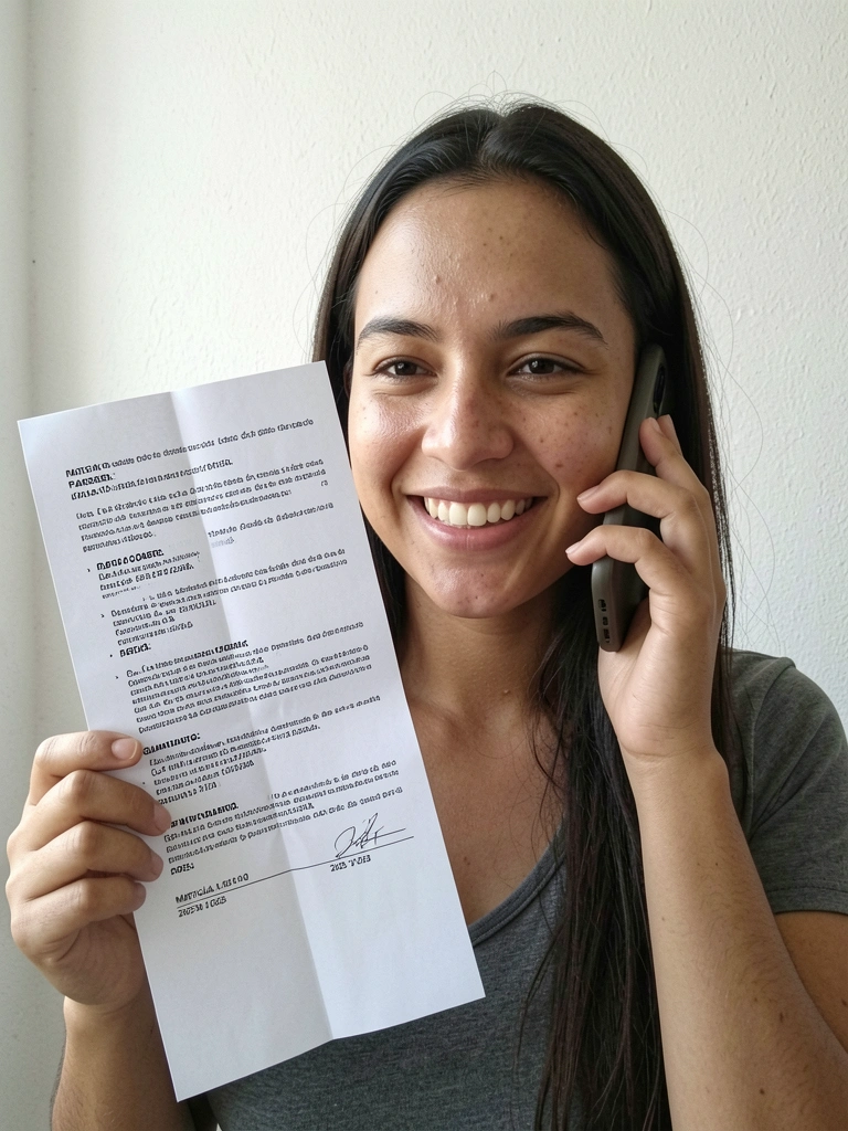 Pessoa segurando telefone ao ouvido enquanto observa contrato impresso sobre a mesa