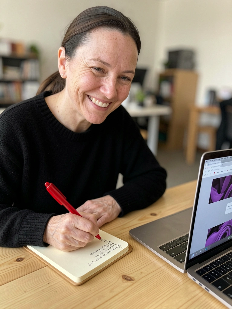 Estudante assistindo a uma videoaula em laptop com caderno aberto à mesa