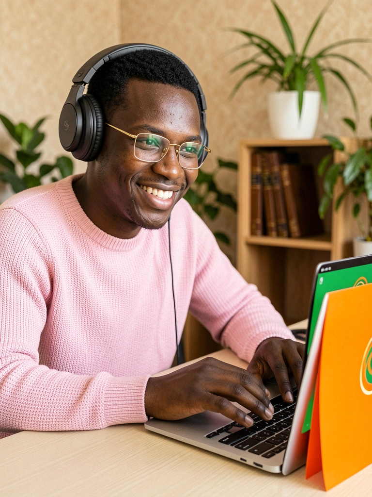 Estudante assistindo a uma videoaula em notebook com fones de ouvido, em mesa de madeira com caderno e caneca
