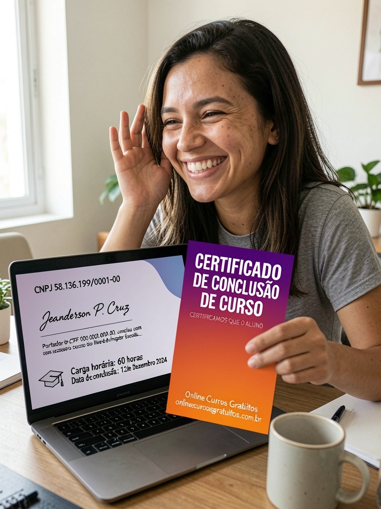 Pessoa sorrindo diante de notebook com certificado na tela