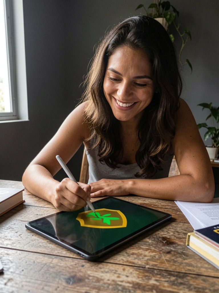 Pessoa sentada à mesa usando tablet e caneta stylus em ambiente doméstico