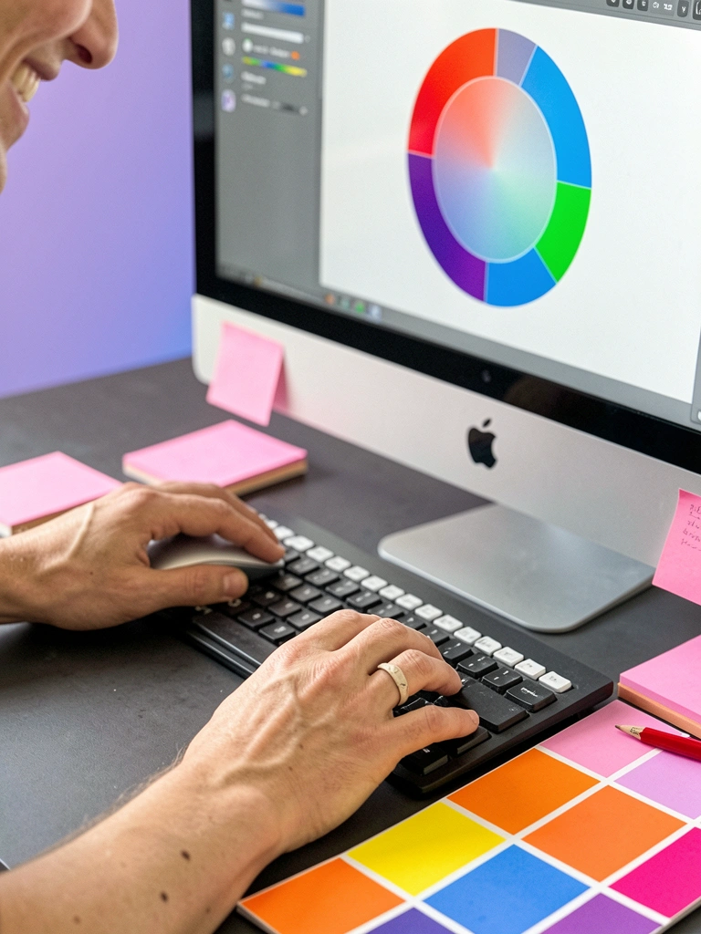 Designer ajustando logo digital em computador com paleta de cores ao lado