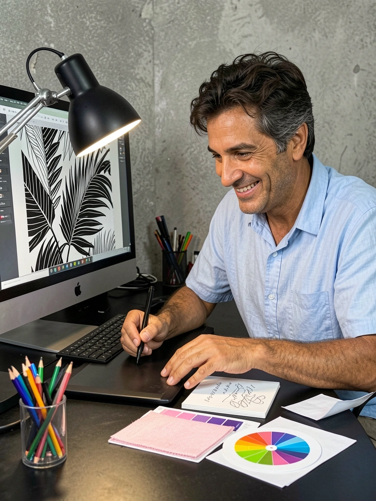 Profissional organizando layouts sobre uma mesa de trabalho com materiais de design