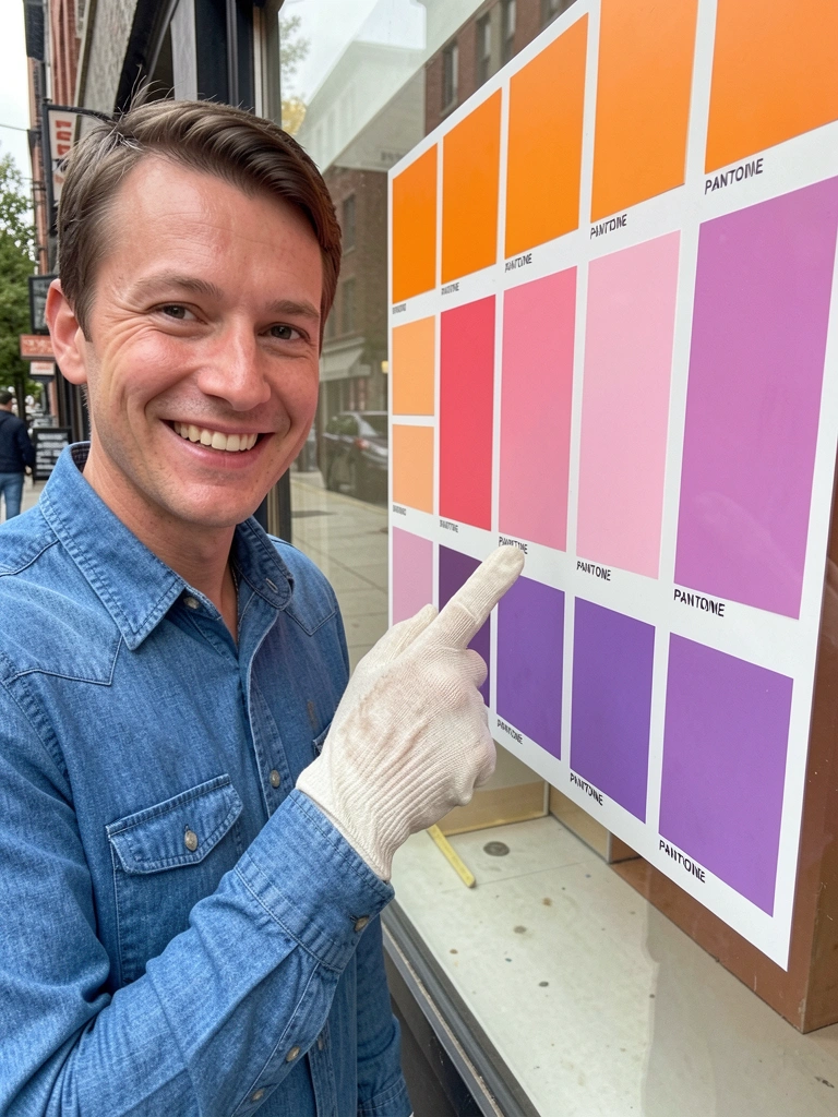 Pessoa apontando para vitrine com design de marca
