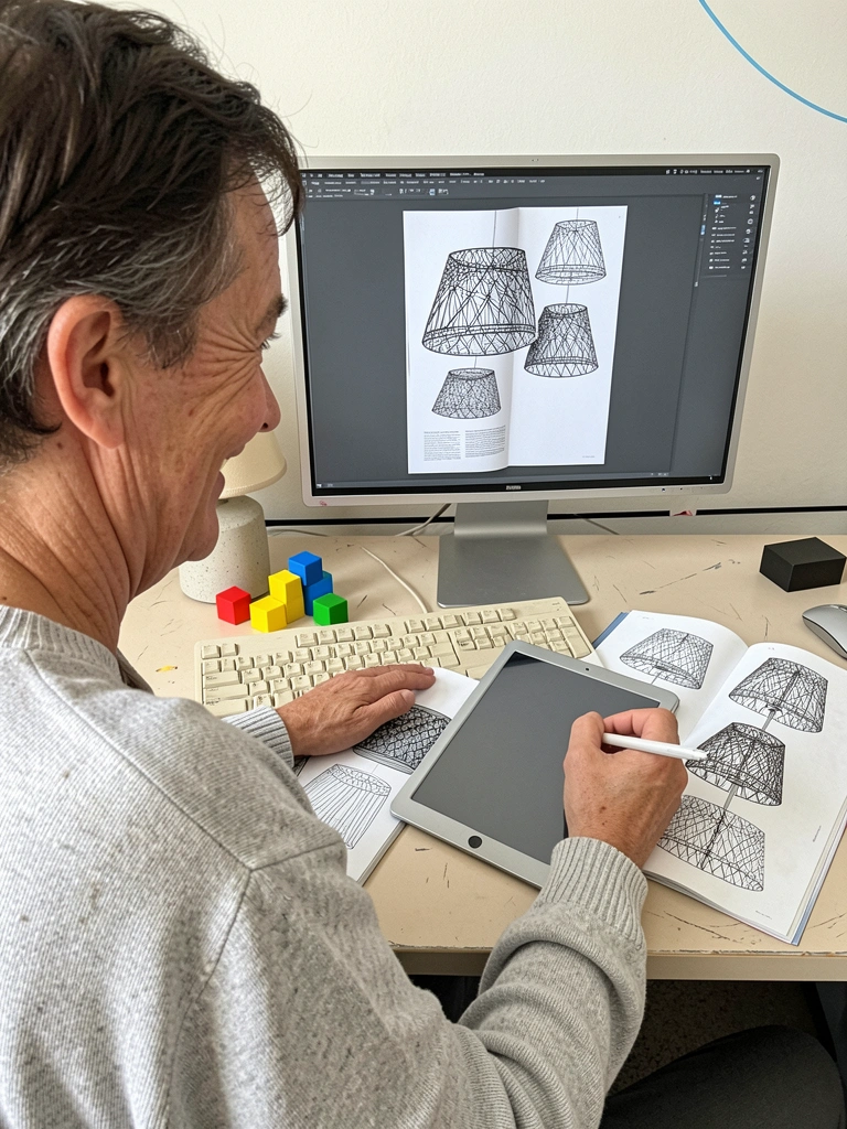Revista aberta com páginas de diagramação criativa e cores vibrantes sobre mesa clara.