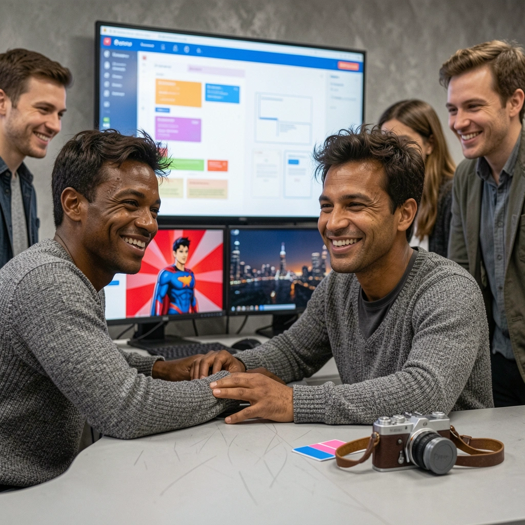 Equipe de design reunida em frente a uma tela grande exibindo um protótipo no Figma