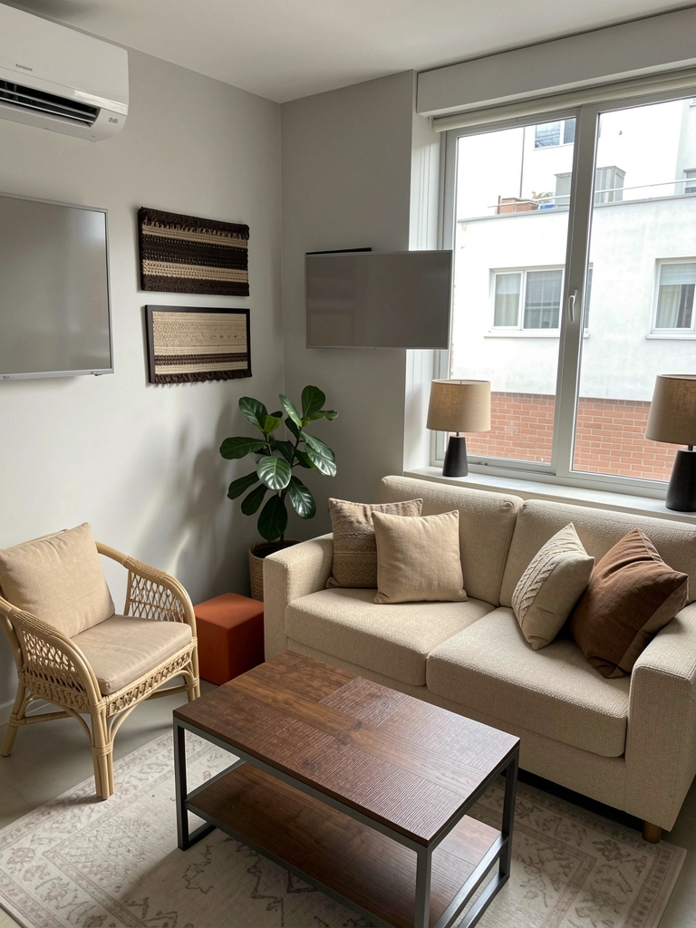 Apartamento studio compacto com sofá, mesa e janela ampla sob luz natural.