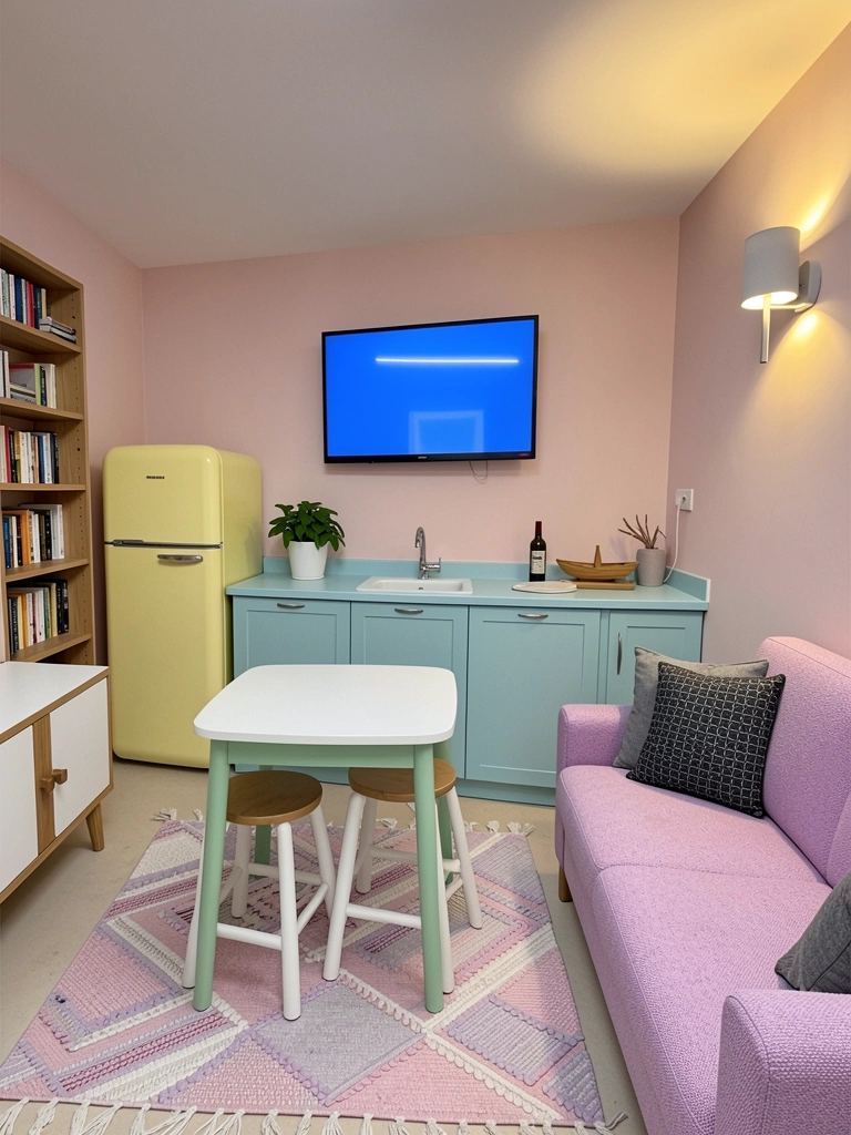 Quarto pequeno com paredes em tom pastel, cama com roupa de cama clara e abajur sobre criado-mudo, iluminação suave.