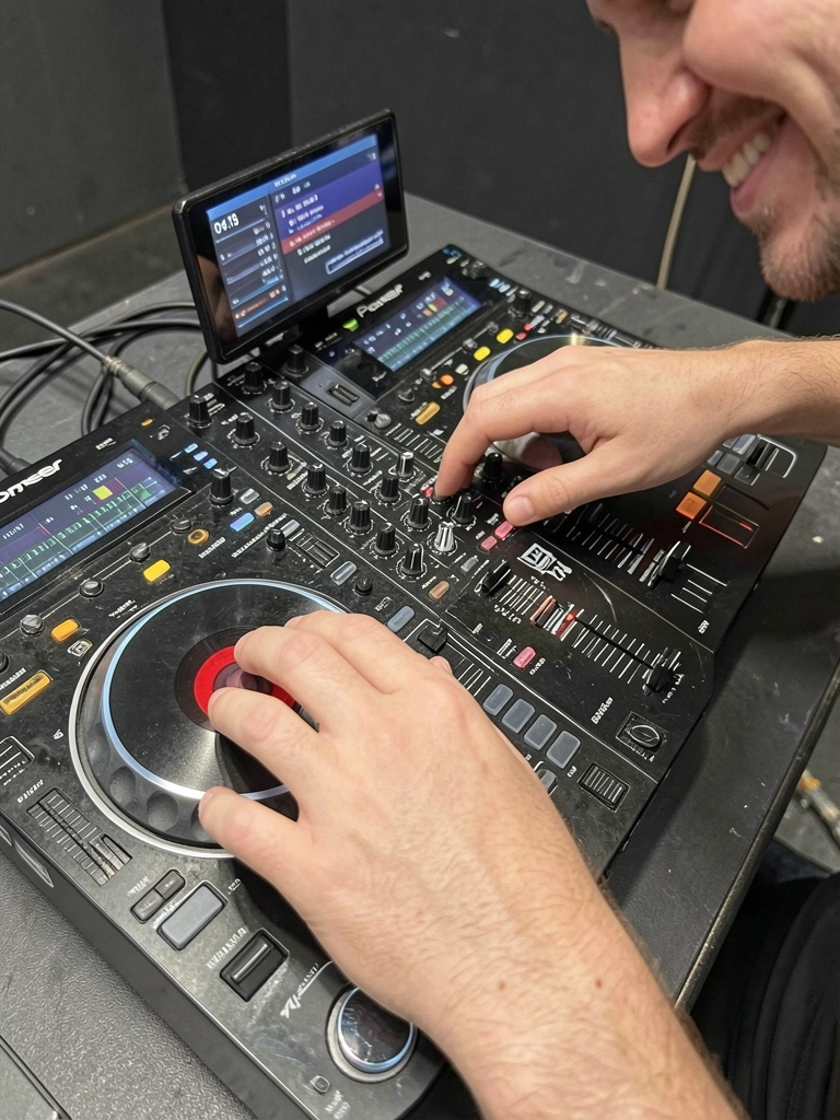 Mãos de um DJ ajustando botões e faders em uma controladora, com luzes coloridas ao fundo