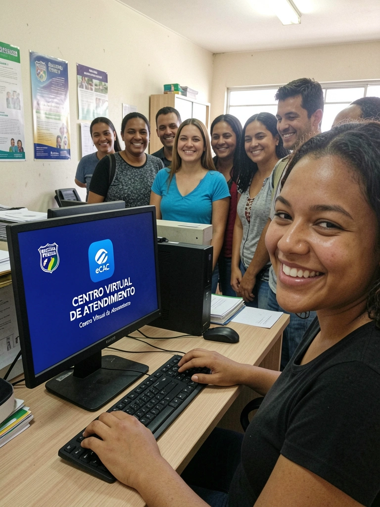 Fila de pessoas aguardando atendimento presencial ao lado de um computador exibindo serviços digitais