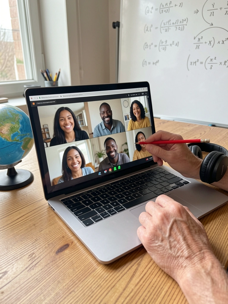 Smartphone, notebook e tablet sobre mesa, todos com telas exibindo conteúdo educacional.