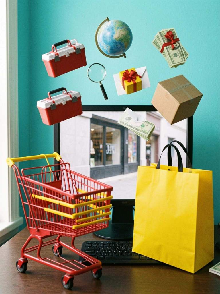 Carrinho de compras sobreposto a um smartphone e um notebook, com ícones de interface de e-commerce ao redor.