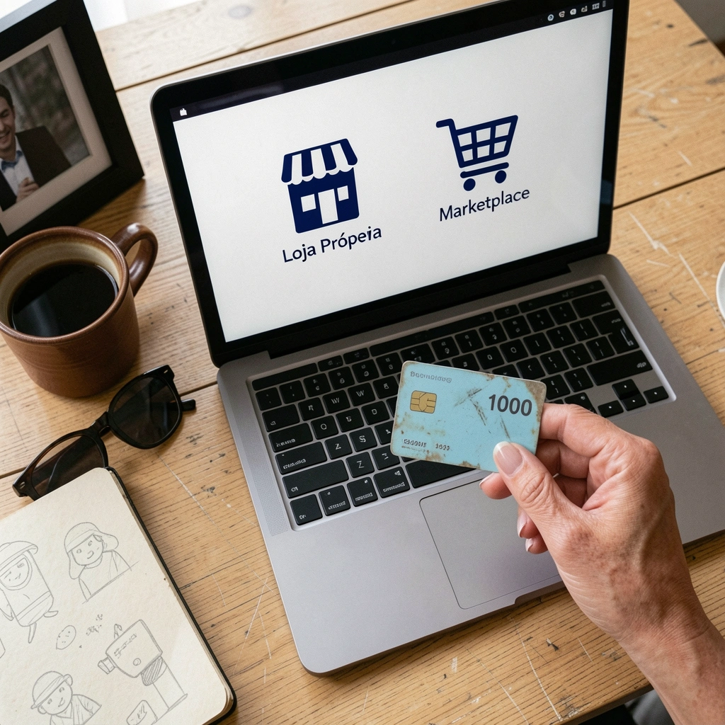 Ícones de loja virtual própria e marketplace com múltiplos vendedores lado a lado.