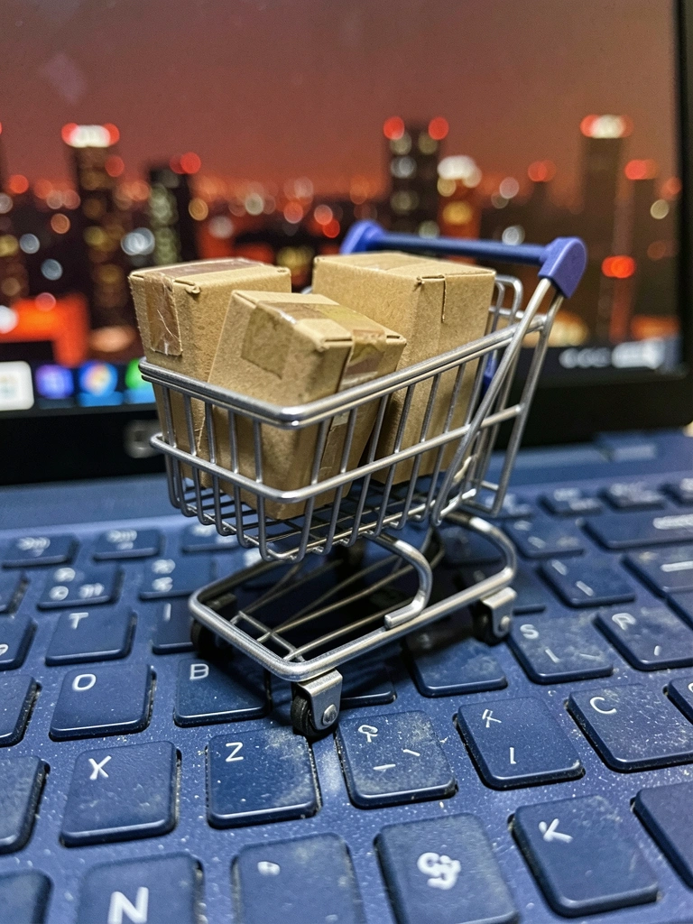 Quatro ícones representando seleção de produto, carrinho, pagamento e confirmação, em sequência.