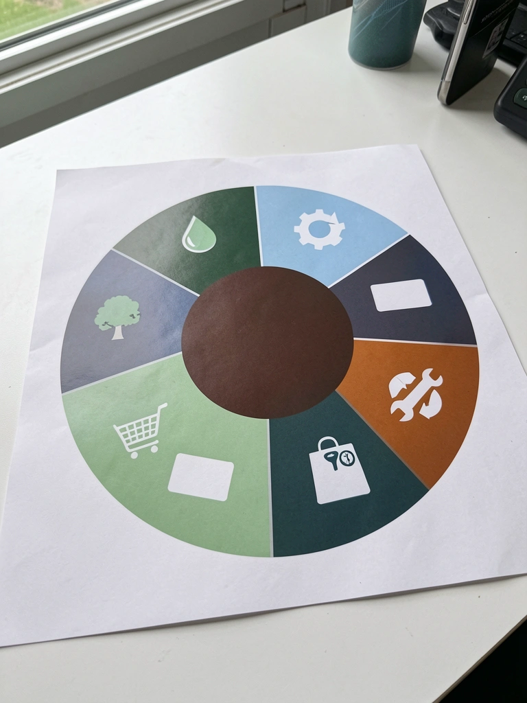 Pilha de caixas de papelão desmontadas ao lado de fardos de papel prensado e garrafas plásticas separadas por cor.