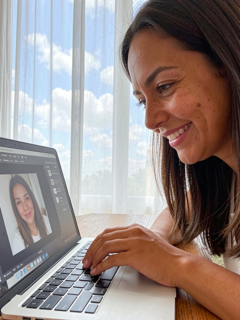 Pessoa editando foto em notebook com nuvens ao fundo