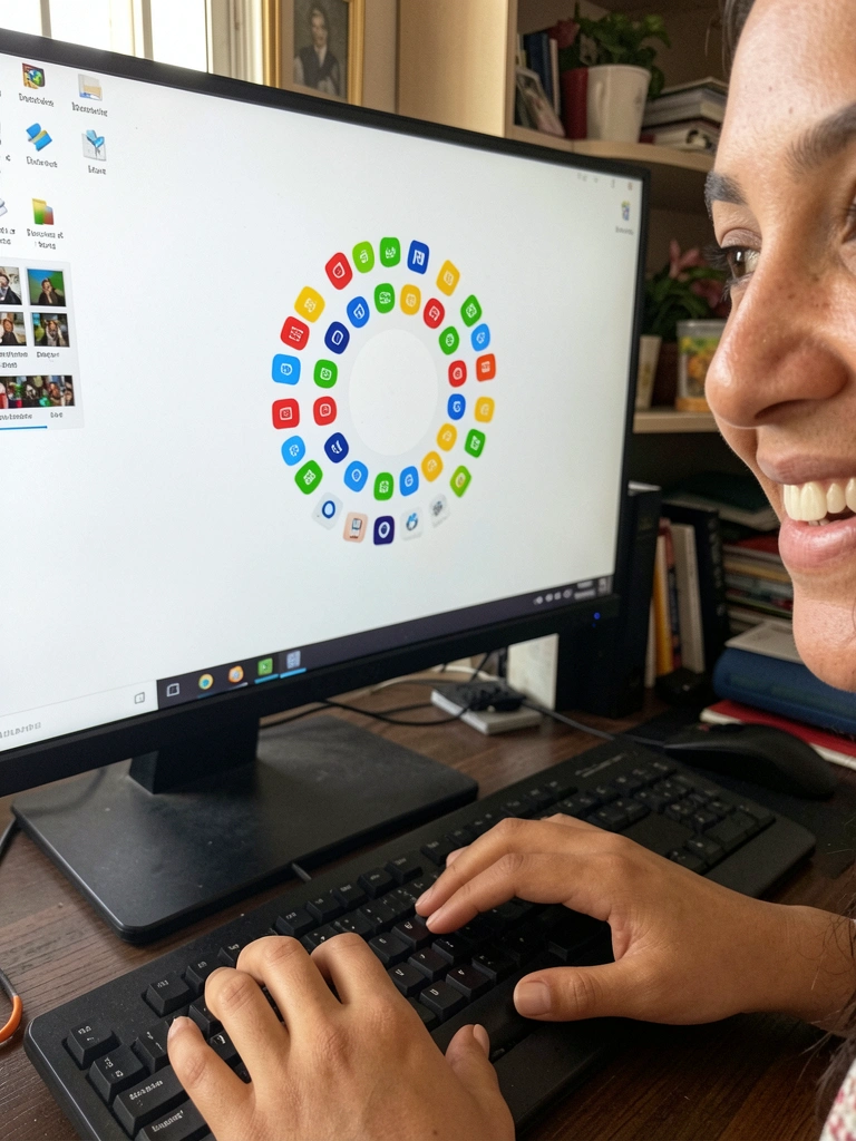 Mãos sobre teclado de computador, com tela exibindo painéis de edição de fotos
