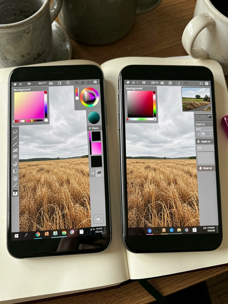 Smartphone e notebook exibindo a mesma interface de edição de fotos lado a lado