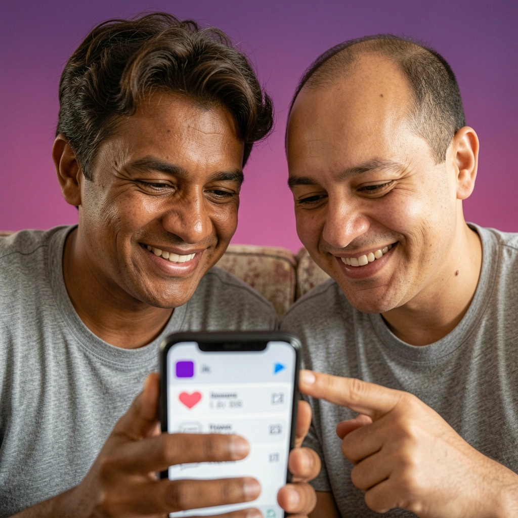 Mãos segurando smartphone com ícones de curtidas, comentários e compartilhamentos na tela