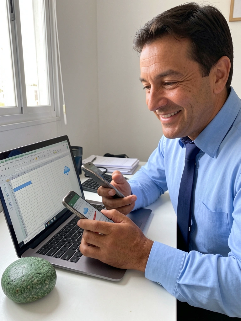 Pessoa em uma mesa usando notebook e celular, ambos com planilhas abertas na tela, e ícones de nuvem flutuando ao redor