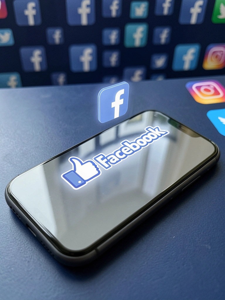 Ícone do Facebook exibido sobre a tela iluminada de um celular, com fundo azul escuro