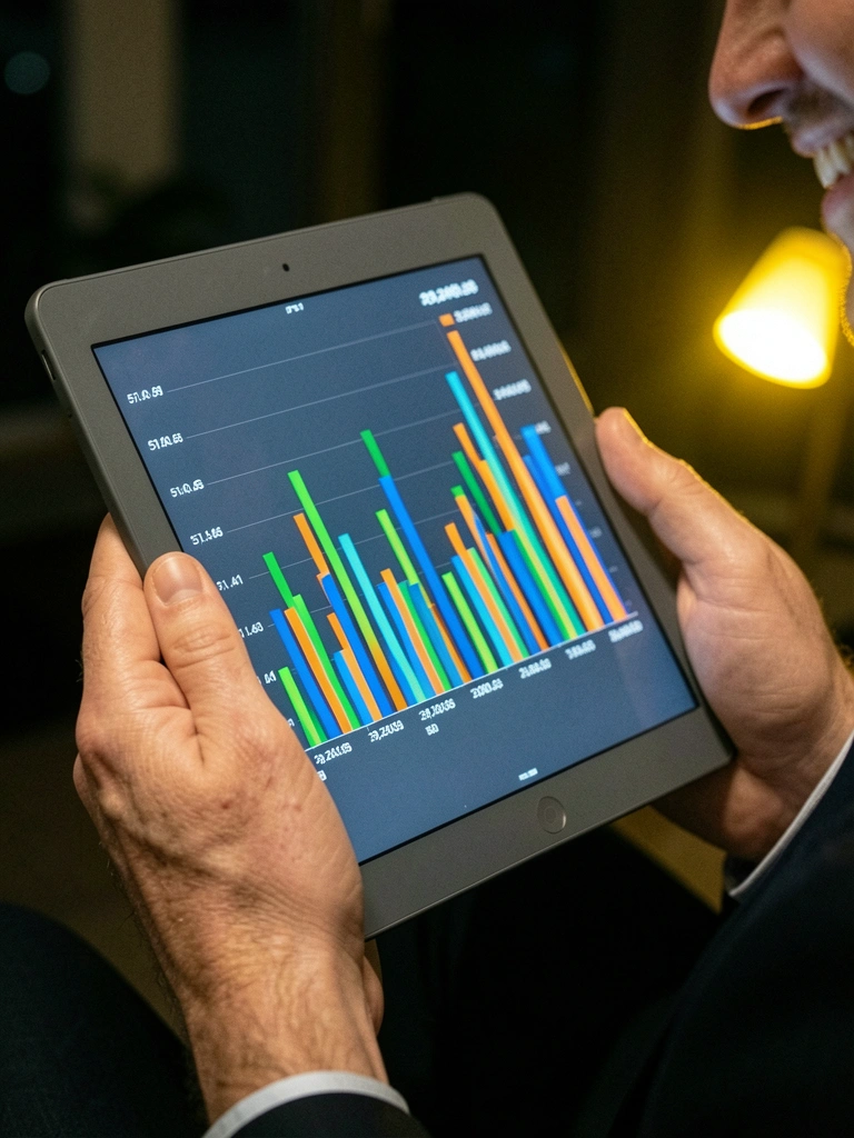 Empresário de camisa social analisando gráfico de faturamento em crescimento em um monitor