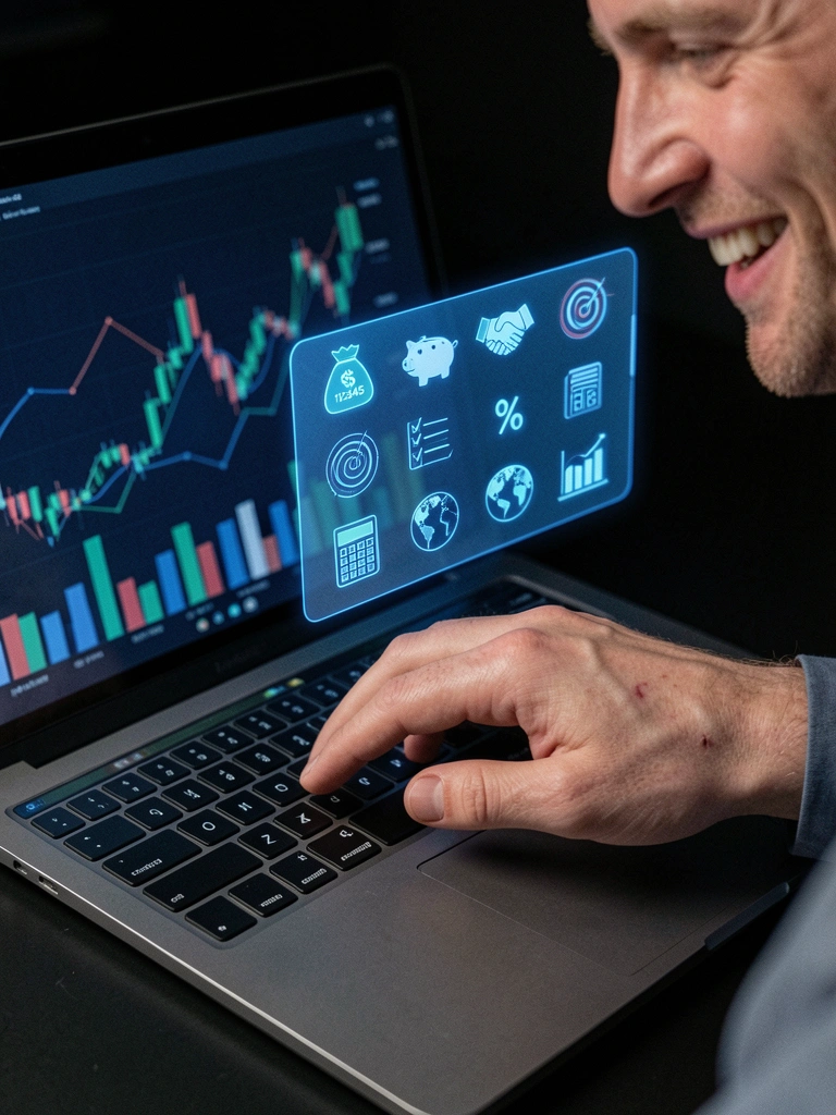 Homem de terno em frente a painel digital com gráficos financeiros