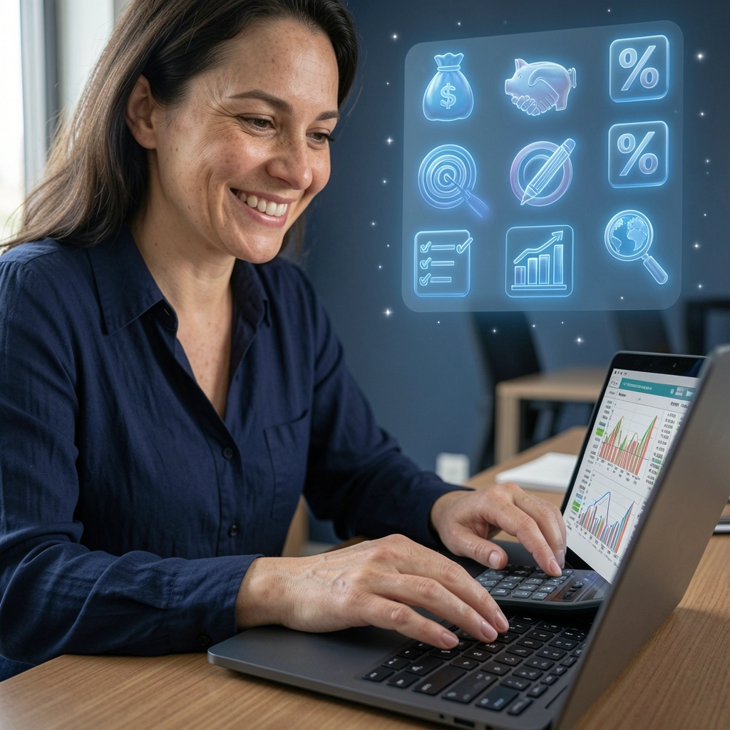 Executiva analisando planilhas financeiras em uma mesa de escritório