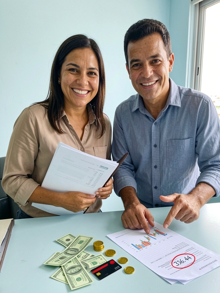 Contador analisando documentos sobre o balcão enquanto gestor confere fluxo de caixa ao lado