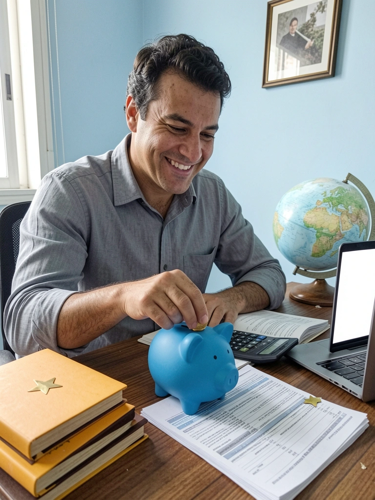 Empresário de camisa social olhando extratos e calculadora sobre a mesa